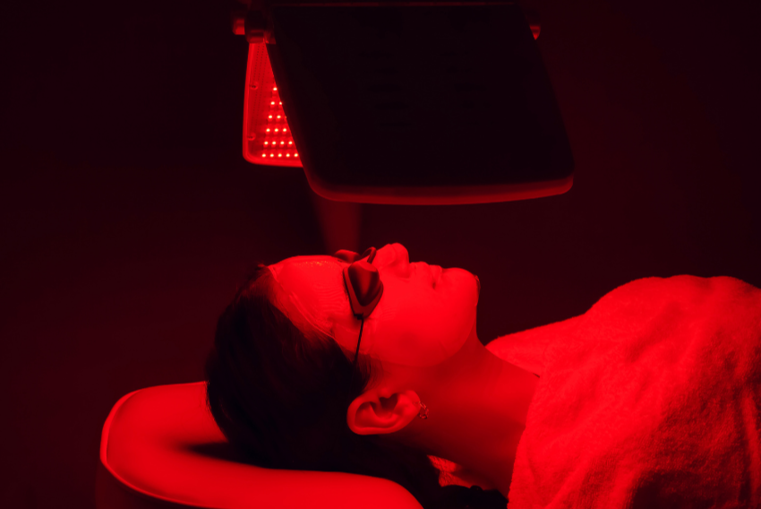 Woman in her 40s or 50s lying under red light therapy, wearing eye protection in a calm, softly lit setting.