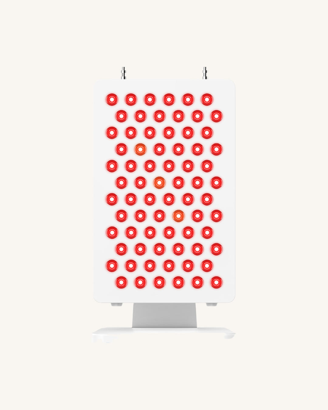 Front view of the Juveo P100 red light therapy panel with multiple illuminated LED bulbs on a stand