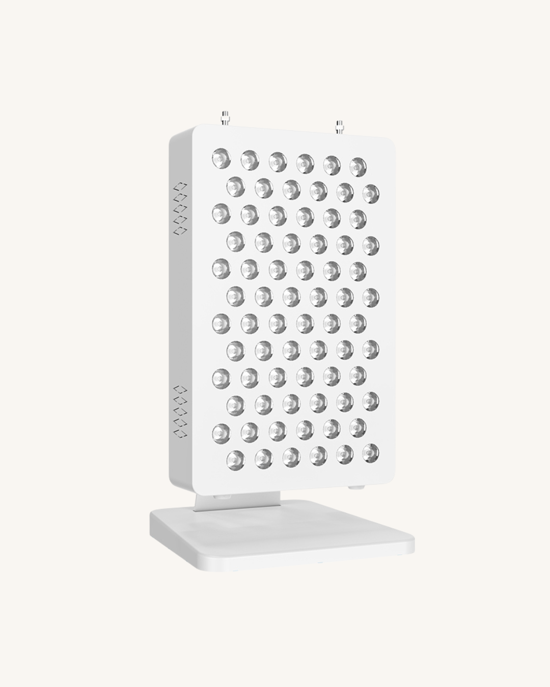 Side view of the Juveo P100 red light therapy panel with multiple LED bulbs on a stand