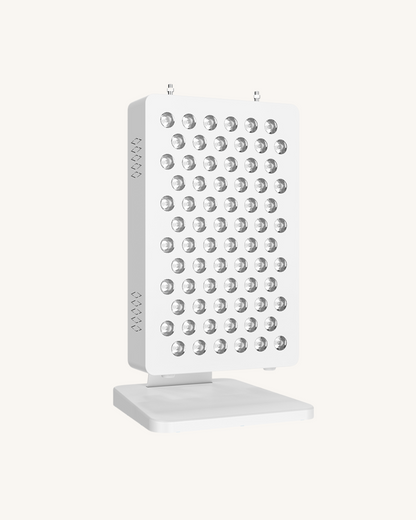 Side view of the Juveo P100 red light therapy panel with multiple LED bulbs on a stand