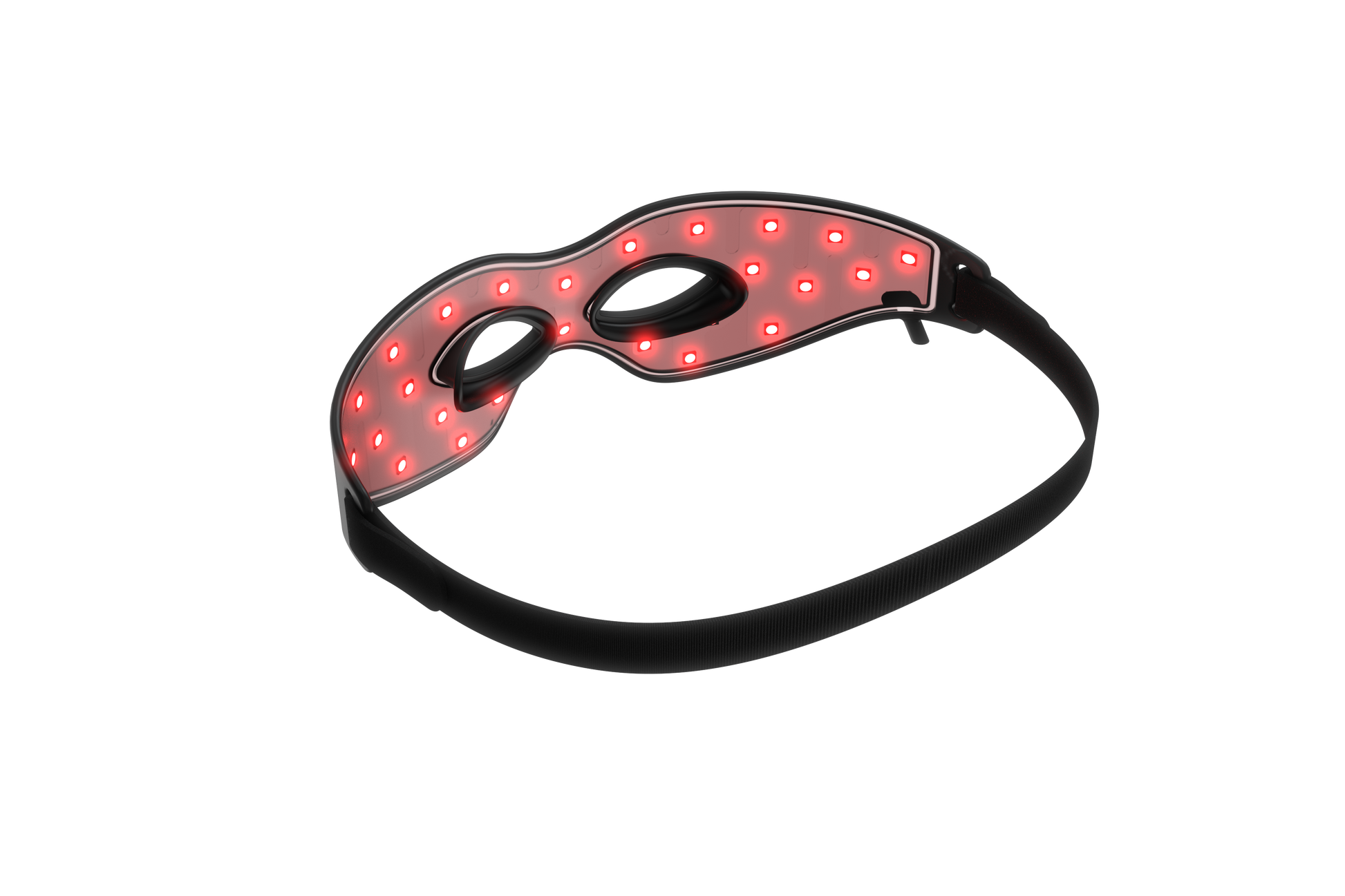 Side view of the R1-E eye mask showing red light therapy LEDs illuminated for targeted treatment around the eyes