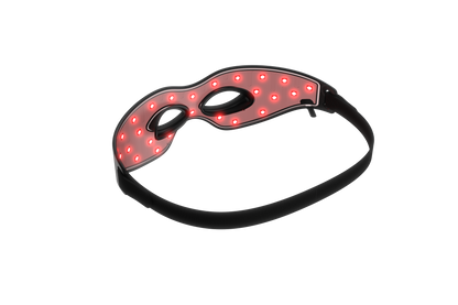 Side view of the R1-E eye mask showing red light therapy LEDs illuminated for targeted treatment around the eyes